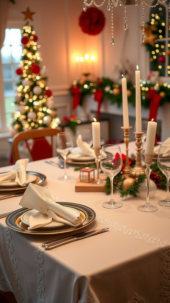 Christmas Table Decoration Ideas with Napkins A festive Christmas table setting with elegant napkin decorations, ornaments, and candlelight.
